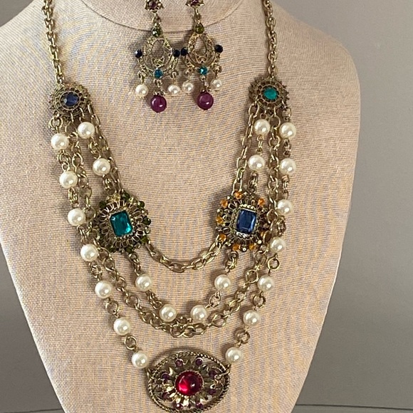 3 Strand Multi Stone Vintage Style Necklace & Matching Earrings - Picture 12 of 14